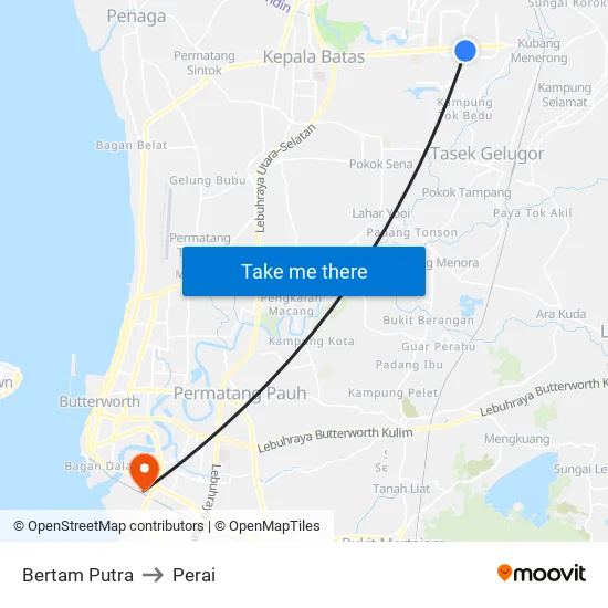 Bertam Putra to Perai map