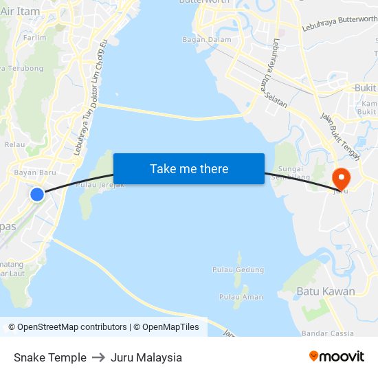 Snake Temple to Juru Malaysia map