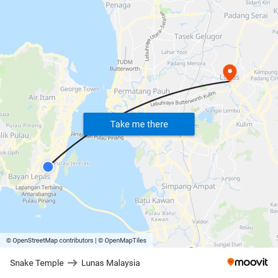 Snake Temple to Lunas Malaysia map