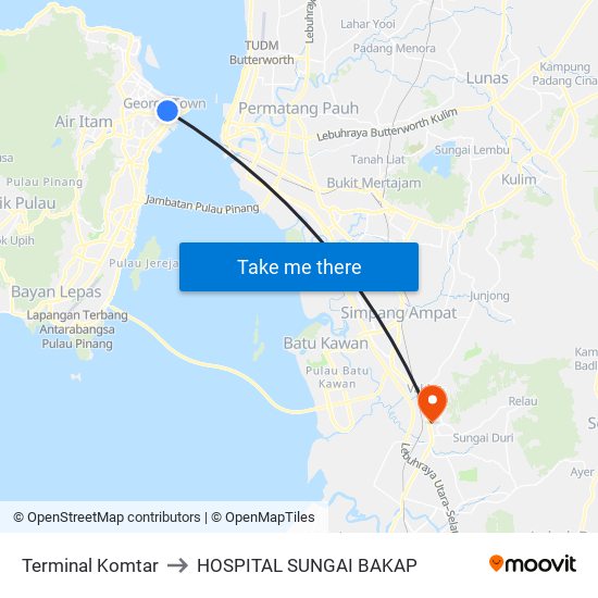 Terminal Komtar to HOSPITAL SUNGAI BAKAP map