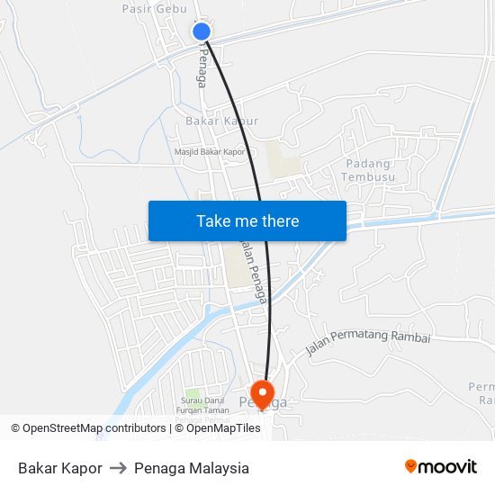 Bakar Kapor to Penaga Malaysia map