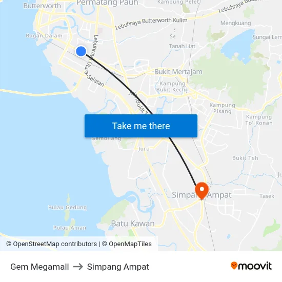 Gem Megamall to Simpang Ampat map