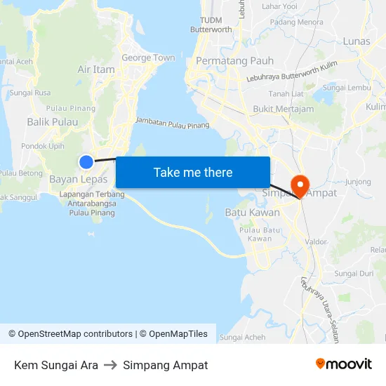 Kem Sungai Ara to Simpang Ampat map