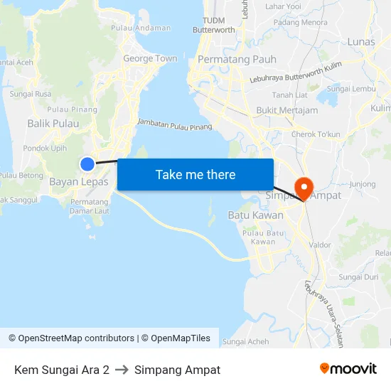 Kem Sungai Ara 2 to Simpang Ampat map