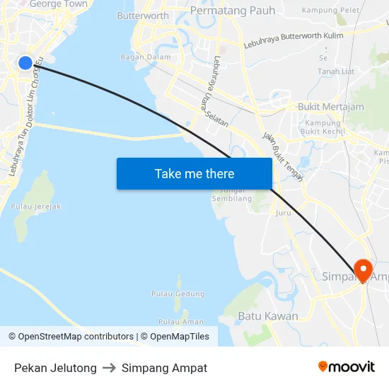 Pekan Jelutong to Simpang Ampat map