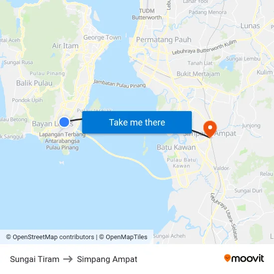 Sungai Tiram to Simpang Ampat map