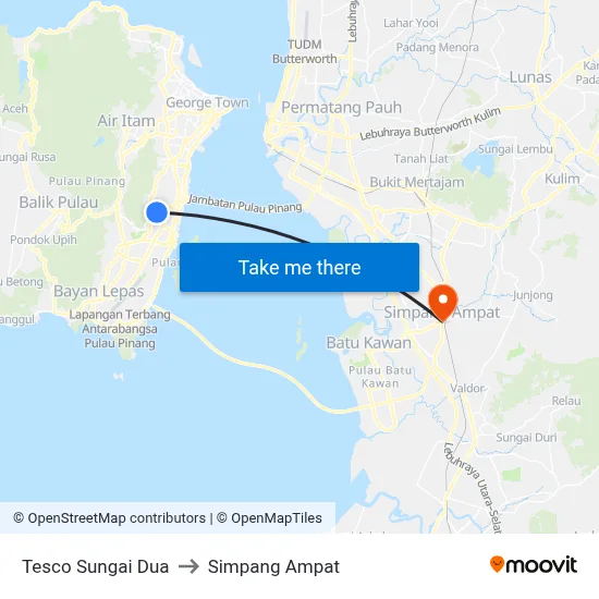 Tesco Sungai Dua to Simpang Ampat map