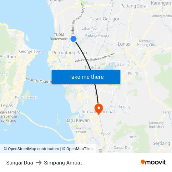 Sungai Dua to Simpang Ampat map