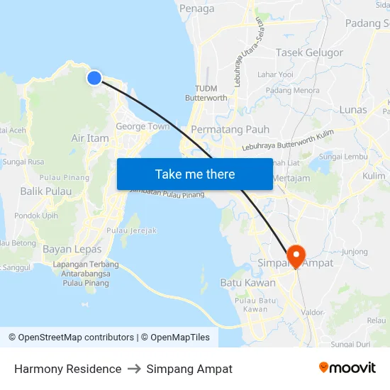 Harmony Residence to Simpang Ampat map