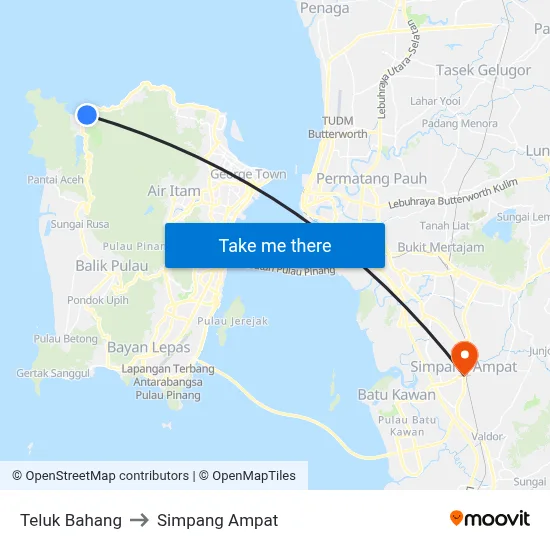 Teluk Bahang to Simpang Ampat map