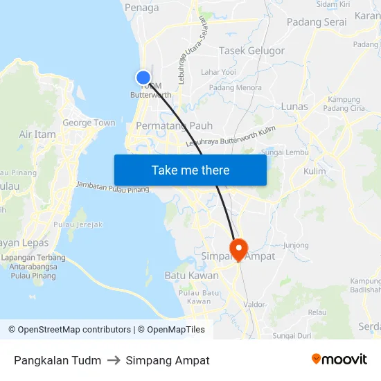 Pangkalan Tudm to Simpang Ampat map