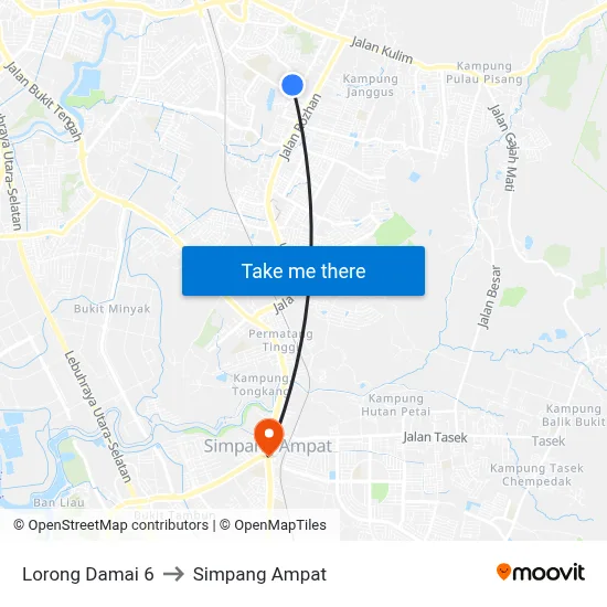 Lorong Damai 6 to Simpang Ampat map