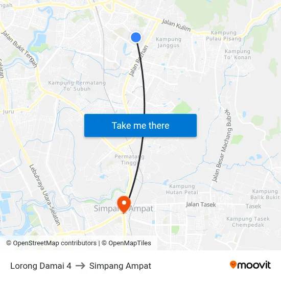 Lorong Damai 4 to Simpang Ampat map