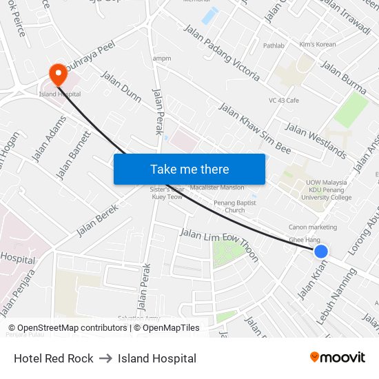 Hotel Red Rock to Island Hospital map