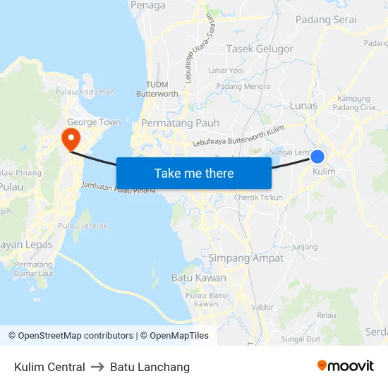 Kulim Central to Batu Lanchang map