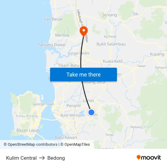 Kulim Central to Bedong map