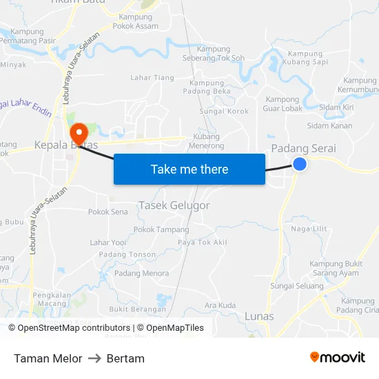 Taman Melor to Bertam map