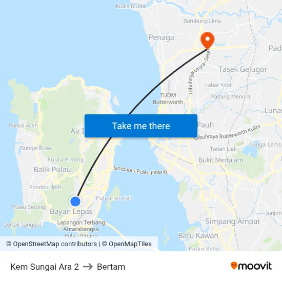 Kem Sungai Ara 2 to Bertam map