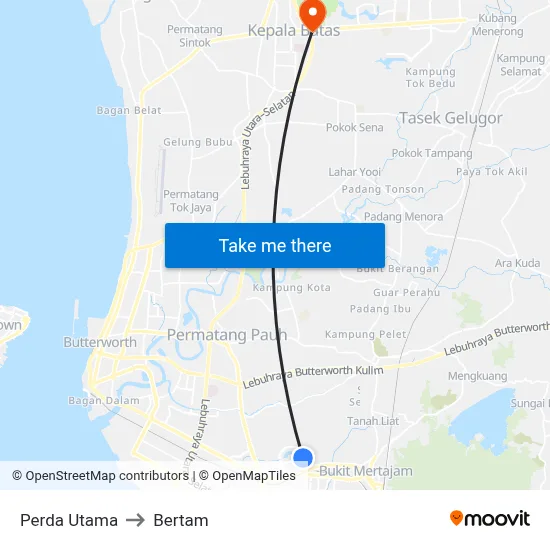 Perda Utama to Bertam map