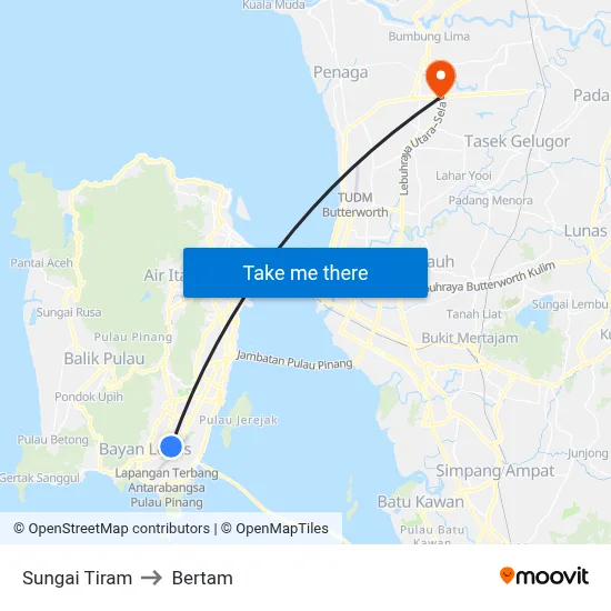 Sungai Tiram to Bertam map