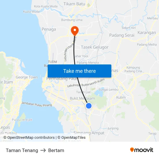 Taman Tenang to Bertam map