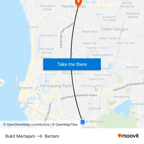 Bukit Mertajam to Bertam map