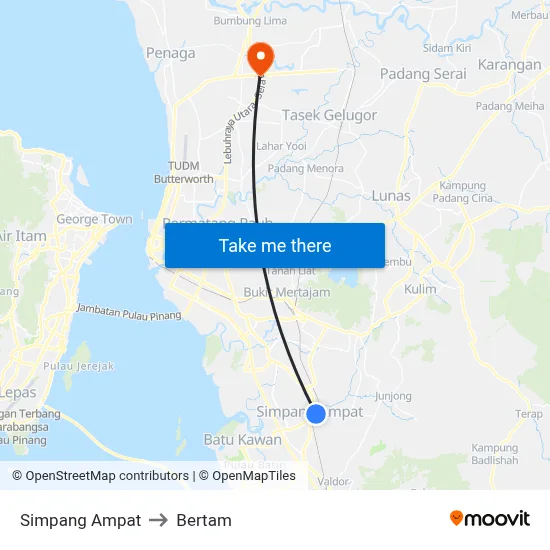 Simpang Ampat to Bertam map