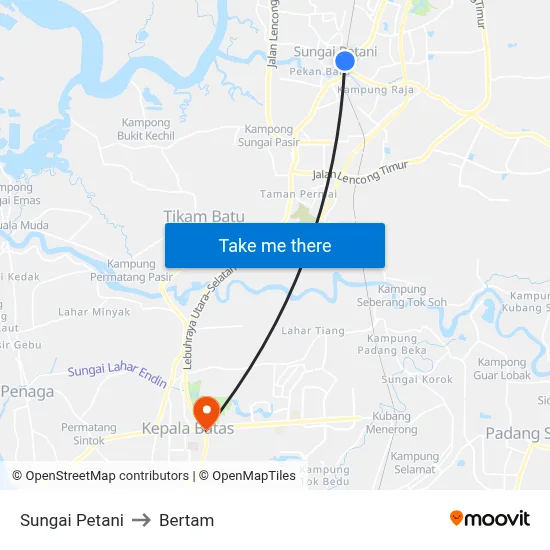 Sungai Petani to Bertam map