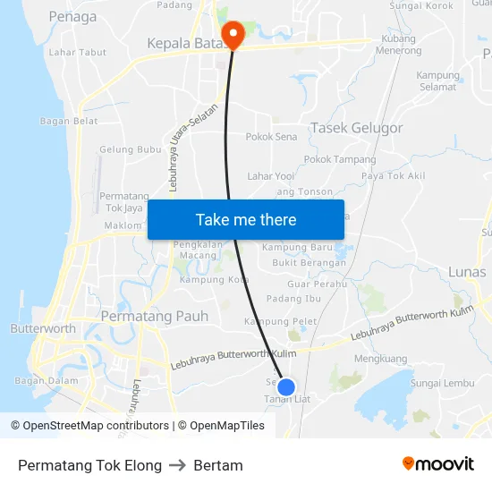 Permatang Tok Elong to Bertam map
