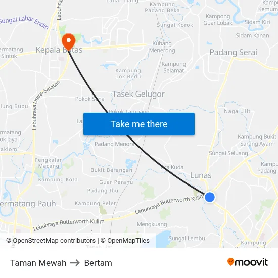 Taman Mewah to Bertam map