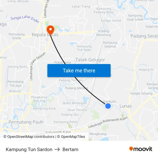 Kampung Tun Sardon to Bertam map