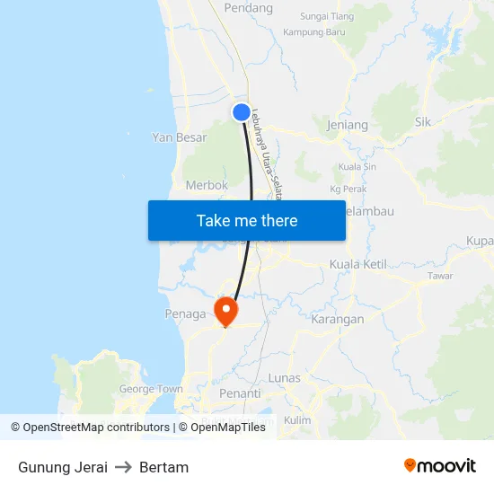 Gunung Jerai to Bertam map