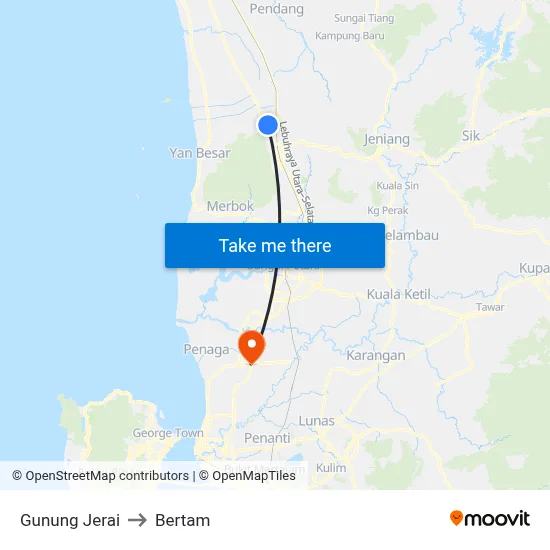 Gunung Jerai to Bertam map