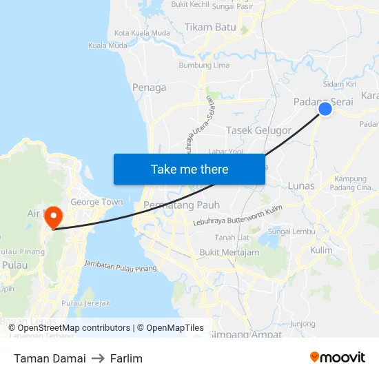 Taman Damai to Farlim map
