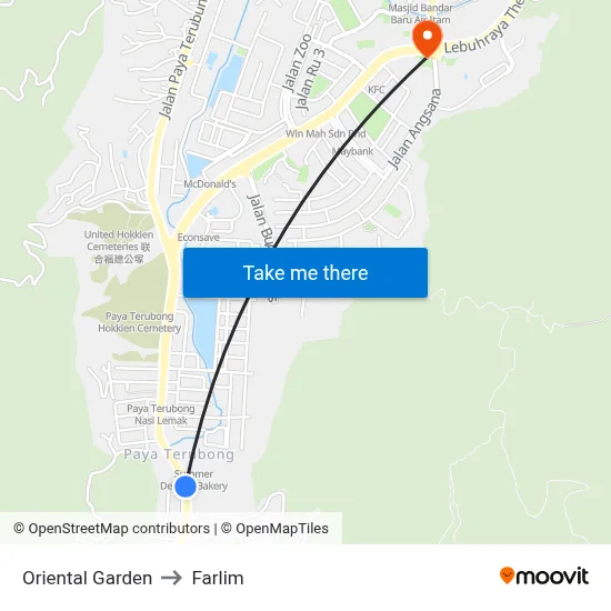 Oriental Garden to Farlim map