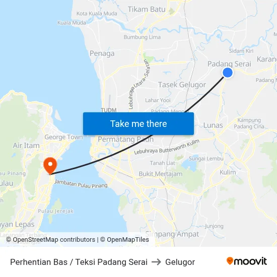 Perhentian Bas / Teksi Padang Serai to Gelugor map