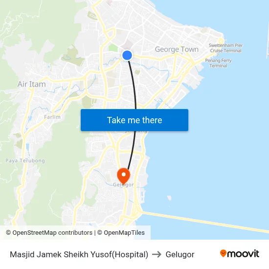 Masjid Jamek Sheikh Yusof(Hospital) to Gelugor map