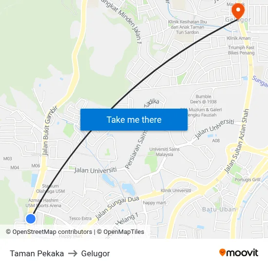 Taman Pekaka to Gelugor map