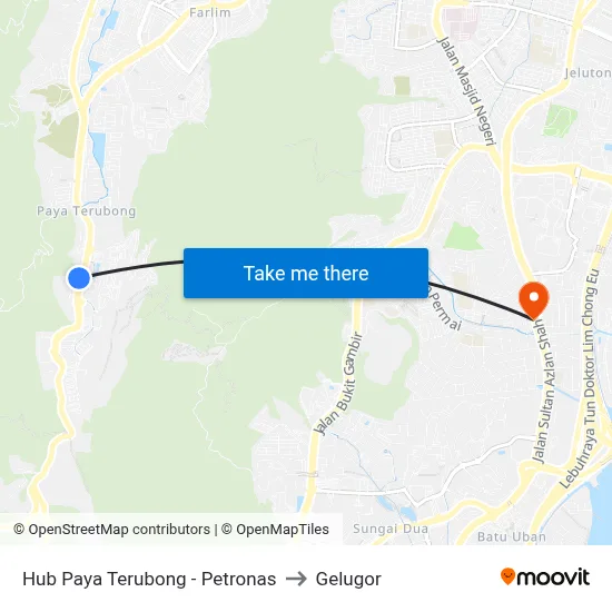 Hub Paya Terubong - Petronas to Gelugor map