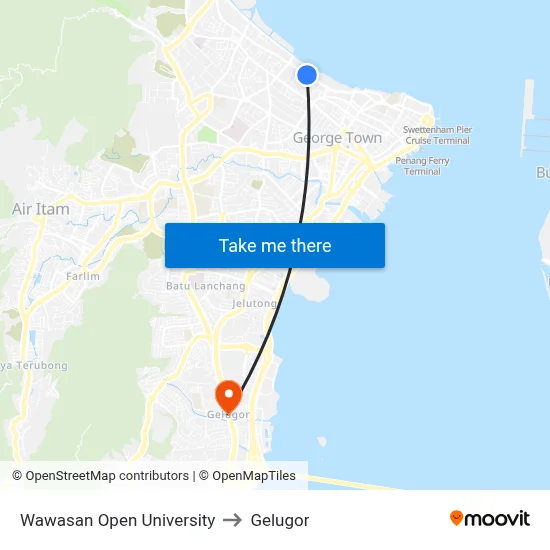 Wawasan Open University to Gelugor map