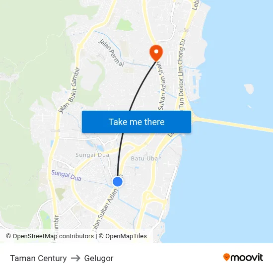 Taman Century to Gelugor map