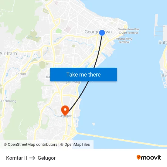 Komtar II to Gelugor map