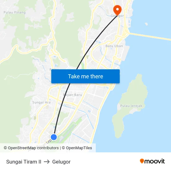 Sungai Tiram II to Gelugor map