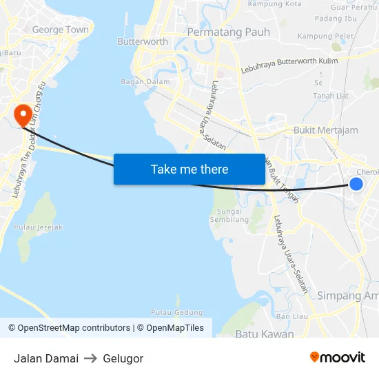 Jalan Damai to Gelugor map