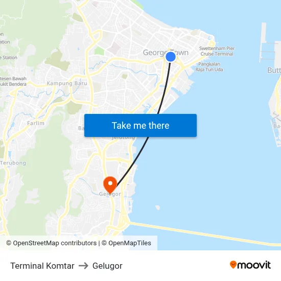 Terminal Komtar to Gelugor map