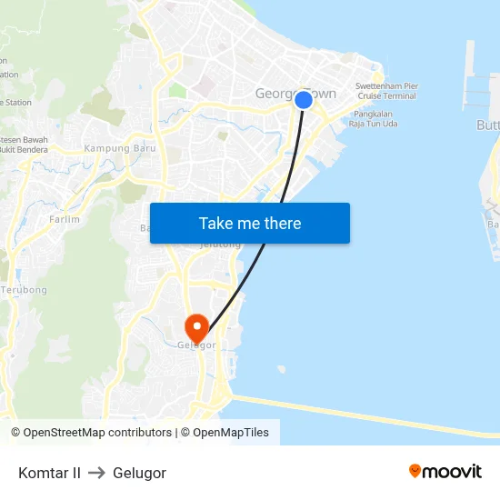 Komtar II to Gelugor map