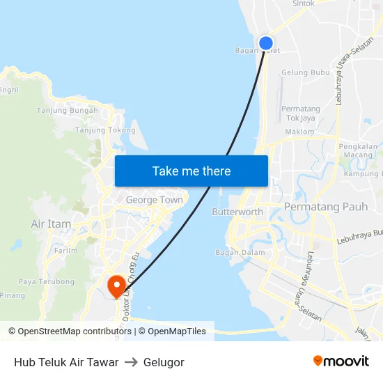Hub Teluk Air Tawar to Gelugor map