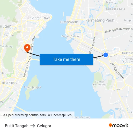 Bukit Tengah to Gelugor map