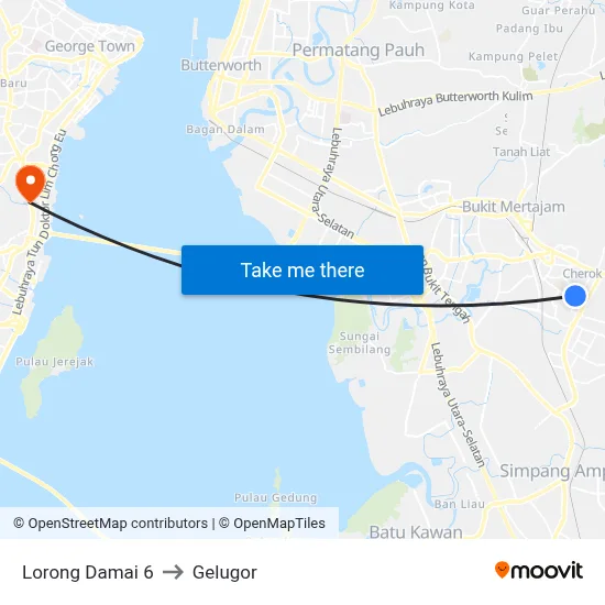 Lorong Damai 6 to Gelugor map