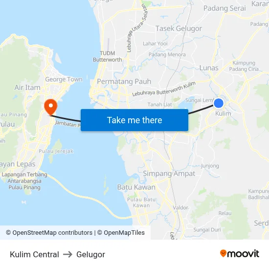 Kulim Central to Gelugor map